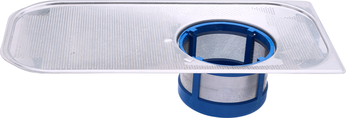A mesh metal filter with a rectangular frame and circular blue basket beneath, designed for trapping debris in door type dishwashers; the filter features a fine perforated surface, a transparent edge, and is ideal for commercial dishwasher use.