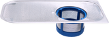 A mesh metal filter with a rectangular frame and circular blue basket beneath, designed for trapping debris in door type dishwashers; the filter features a fine perforated surface, a transparent edge, and is ideal for commercial dishwasher use.