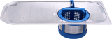 A close-up of a rectangular metal mesh filter with a rounded edge, featuring a blue plastic cylindrical basket, designed for catching debris in a commercial dishwasher. Fine perforations and a handle on the basket ensure easy removal and maintenance.