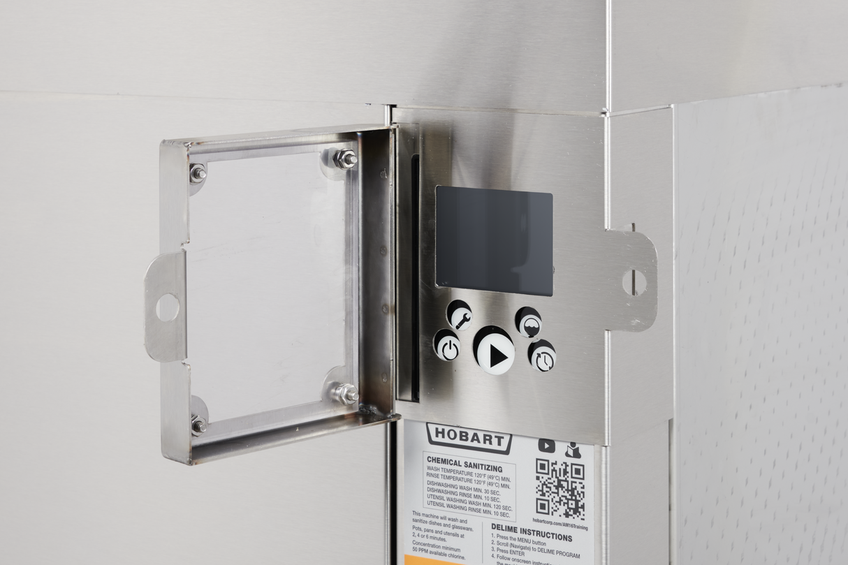 Close-up of a stainless steel commercial dishwasher panel with an open hinged cover, revealing a digital display and four control buttons. Instructions and a QR code labeled “HOBART” identify this door type dishwasher as chemical sanitizing capable.