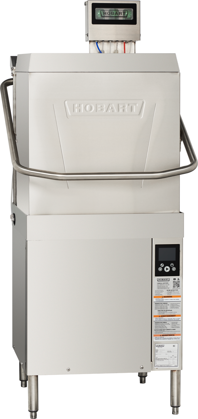 A Hobart commercial dishwasher with a stainless steel exterior features digital controls, a handle across the upper front, and an electronic display screen. This door type dishwasher includes detailed safety and operation labels on the lower front panel.