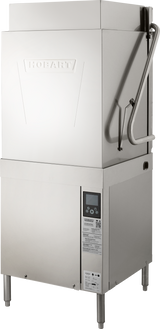 A commercial stainless steel tall chamber dishwasher with a boxy design. It features a large front door with the Hobart logo, vertical handle, smart touchscreen controls below the display screen, and stands on four legs for stability.