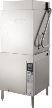 A tall chamber dishwasher, this commercial stainless steel Hobart model features high temp sanitizing, a horizontal right handle, control buttons with a digital display below, and stands on four sturdy metal legs.