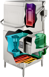 Cutaway view of a Hobart ventless dishwashing machine showing internal components: water pump (blue), control panel, detergent dispenser (green), heating coils (orange/red), water heater (purple), and high temp sanitizing inside a stainless steel exterior.