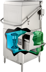 A commercial Hobart ventless dishwashing machine with a cutaway reveals internal components like a blue water pump, green filtration system, and high temp sanitizing features. The metallic exterior has a handle and control panel on the front.