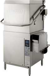 A commercial stainless steel Hobart ventless dishwashing machine with a lift-up door, digital control panel, safety rail, warning labels, and energy recovery system—offering high temp sanitizing for heavy-duty kitchens. The device stands on four legs.
