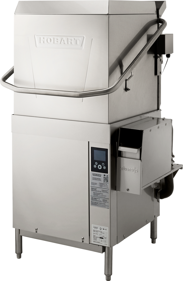 A commercial stainless steel Hobart ventless dishwashing machine with a lift-up door, digital control panel, safety rail, warning labels, and energy recovery system—offering high temp sanitizing for heavy-duty kitchens. The device stands on four legs.