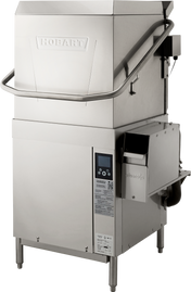 A commercial Hobart ventless dishwashing machine, stainless steel, upright with a large front door, digital control panel, handlebar, and side compartment, designed for heavy-duty kitchen cleaning tasks with high temp sanitizing.