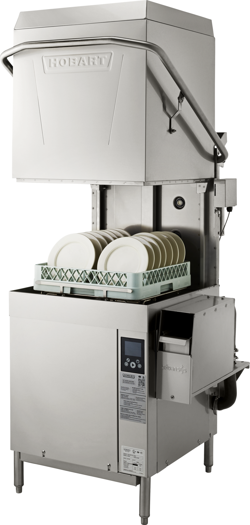 A commercial stainless steel ventless dishwashing machine with a pull-down hood, labeled Hobart. Inside, a green rack holds clean white plates. Control panel and soap dispenser are visible, with pipes and wiring at the side and back.