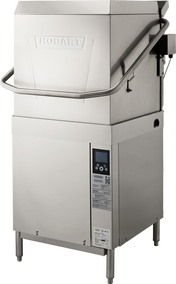 A commercial Hobart dishwasher with a stainless steel exterior, front control panel, and large, upward-opening door. This ventless dishwashing machine stands on four metal legs and features a handlebar across the front for easy door lifting.