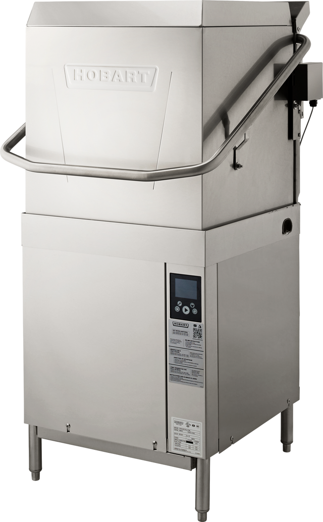 A commercial Hobart dishwasher with a stainless steel exterior, front control panel, and large, upward-opening door. This ventless dishwashing machine stands on four metal legs and features a handlebar across the front for easy door lifting.