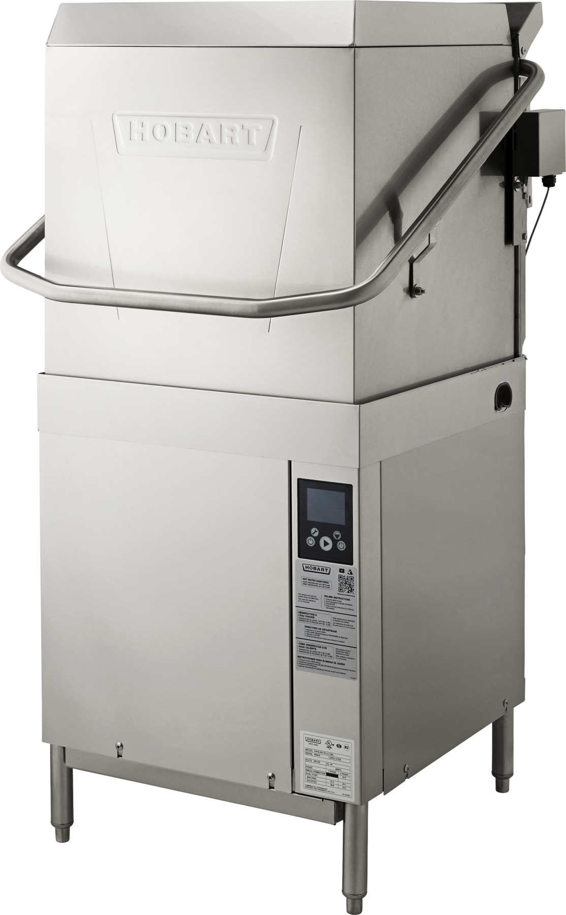 A commercial stainless steel Hobart ventless dishwashing machine with a prominent handle, control panel, and display screen on the front. The sturdy unit features a lift-up hood for loading dishes and delivers high temp sanitizing for superior cleanliness.