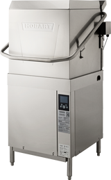 A commercial stainless steel Hobart ventless dishwashing machine with a prominent handle, control panel, and display screen on the front. The sturdy unit features a lift-up hood for loading dishes and delivers high temp sanitizing for superior cleanliness.