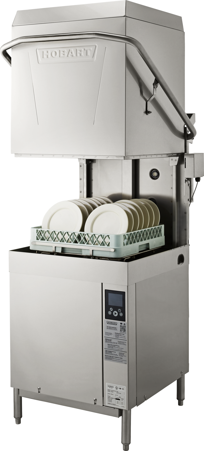 A stainless steel commercial ventless dishwashing machine with an open hood displays a rack of white plates. The front features a control panel and instruction label. Its high temp sanitizing design and Hobart logo reflect modern, industrial style.