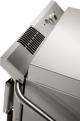 Close-up of a stainless steel ventless dishwashing machine, featuring a vent, temperature control dial, buttons, and safety handle. The sleek, reflective surface highlights its industrial design with advanced high temp sanitizing capabilities.