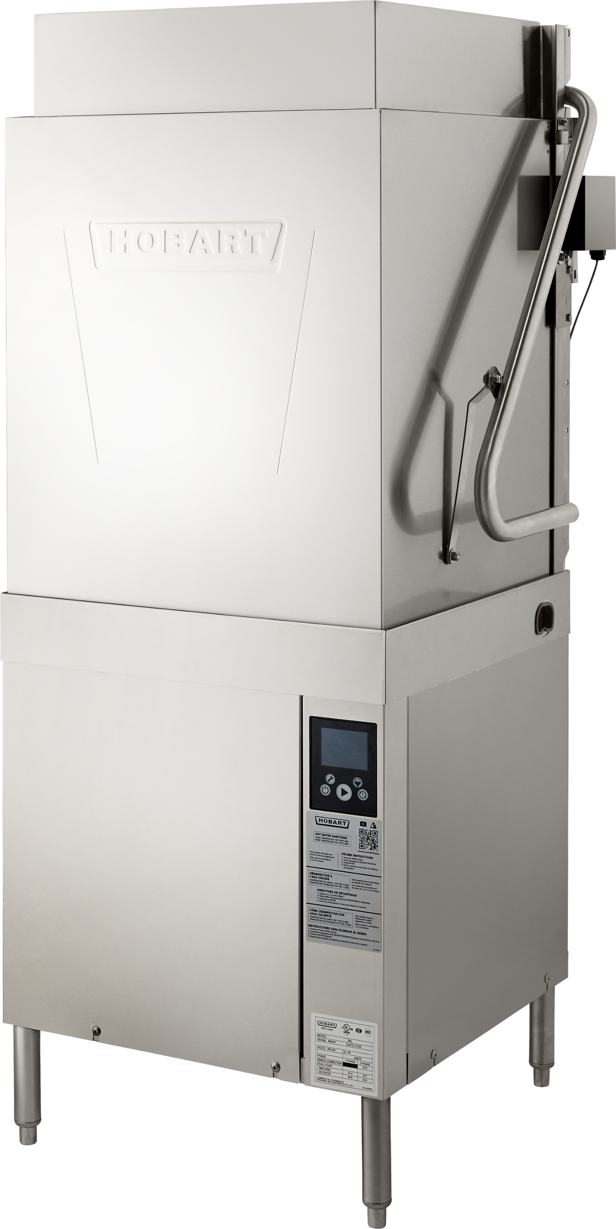 A commercial stainless steel Hobart ventless dishwashing machine with a tall, boxy structure, visible control panel, and sturdy right-side handle, designed for energy recovery and high-volume dishwashing in industrial kitchens. The Hobart logo is embossed on the front top section.