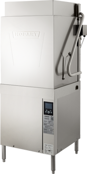 A commercial stainless steel Hobart ventless dishwashing machine with a tall, boxy design, lever handle on the right, digital display panel, and sturdy legs—featuring high temp sanitizing for heavy-duty kitchen use. The Hobart logo is embossed on the upper door.