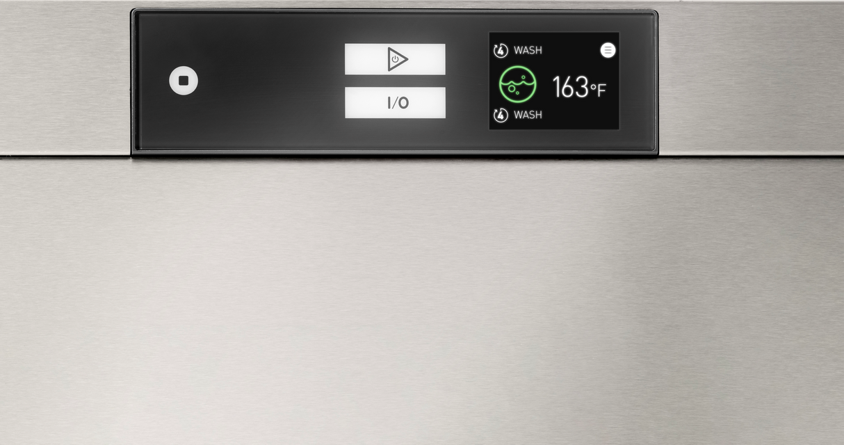 Close-up of a Two Level Door Type Dishwasher control panel with a small digital display showing a washing cycle at 163°F for high temp sanitizing. The panel features three illuminated buttons: power, play/pause, and “I/O.” Cleans up to 80 racks/hr.