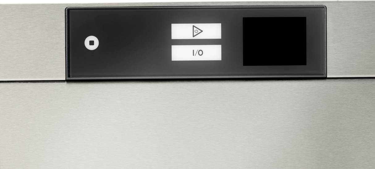 A close-up of a modern stainless steel Two Level Door Type Dishwasher control panel, featuring a black section with three white-lit buttons and a blank black display screen—perfect for high temp sanitizing up to 80 racks/hr.