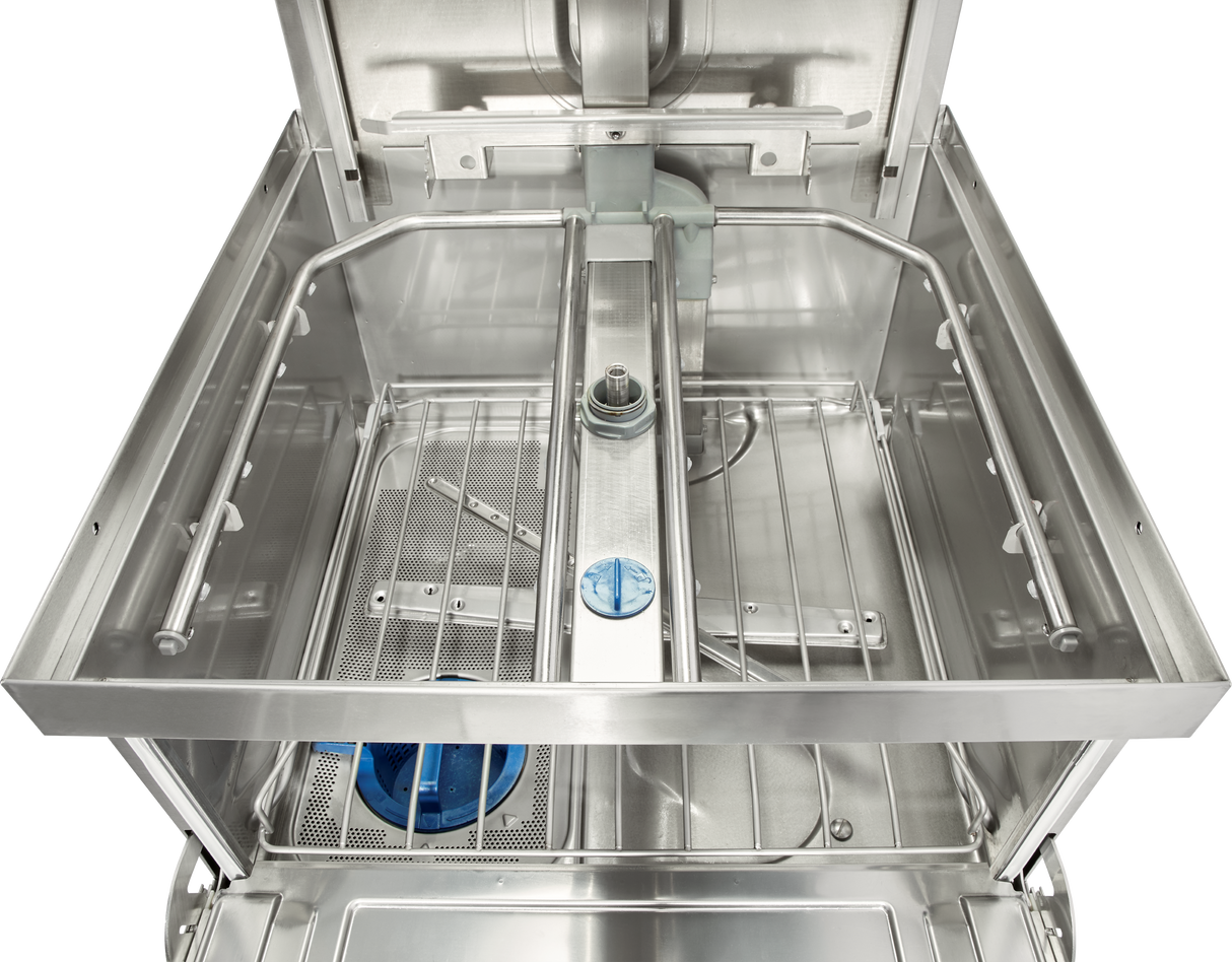 Close-up of an open two level dishwasher showing a stainless steel interior, spray arms, wire racks, and blue filter panels. This high temp sanitizing model is clean and shiny inside, with visible nozzles designed for washing up to 80 racks per hour efficiently.