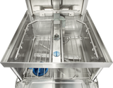 Close-up of an open two level dishwasher showing a stainless steel interior, spray arms, wire racks, and blue filter panels. This high temp sanitizing model is clean and shiny inside, with visible nozzles designed for washing up to 80 racks per hour efficiently.