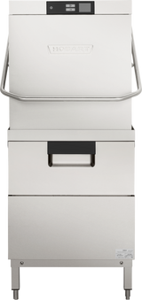 A commercial stainless steel Hobart two level dishwasher with a tall, boxy design, high temp sanitizing, digital display panel at the top, large handle, two compartments, and sturdy legs. The front features the Hobart logo embossed in the metal.