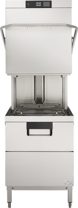 A commercial Two Level Door Type Dishwasher with a vertical door open, revealing the washing chamber inside. This sleek unit features high temp sanitizing and processes up to 80 racks/hr—ideal for professional kitchens demanding efficiency.