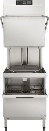 A commercial stainless steel Two Level Door Type Dishwasher with an open, vertical lift hood reveals an empty dish rack and internal spray arms. Designed for high temp sanitizing, it processes up to 80 racks/hr with a sleek, industrial control panel at the top.