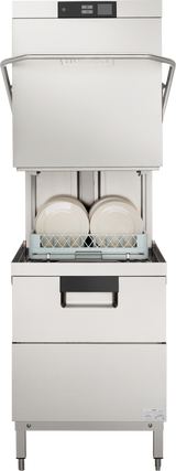 A commercial stainless steel two level dishwasher with its front door open, revealing a rack filled with clean white plates standing upright inside. The digital display panel is visible at the top, promising up to 80 racks per hour of high temp sanitizing.