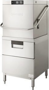 A commercial stainless steel, two level dishwasher with a boxy, vertical design, control panel on top, a front handle for lifting the upper section, sturdy legs, and the Hobart logo embossed on the front. Handles up to 80 racks per hour.