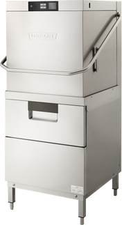 A commercial stainless steel, two level dishwasher with a boxy, vertical design, control panel on top, a front handle for lifting the upper section, sturdy legs, and the Hobart logo embossed on the front. Handles up to 80 racks per hour.