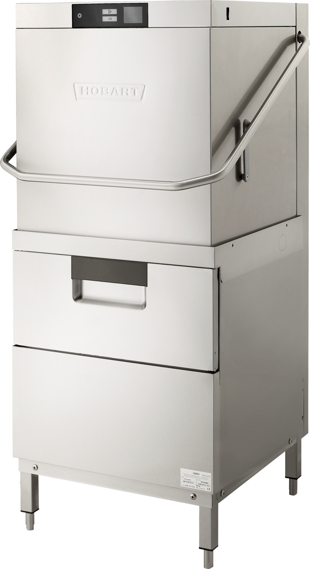 A commercial stainless steel, two level dishwasher with a boxy, vertical design, control panel on top, a front handle for lifting the upper section, sturdy legs, and the Hobart logo embossed on the front. Handles up to 80 racks per hour.