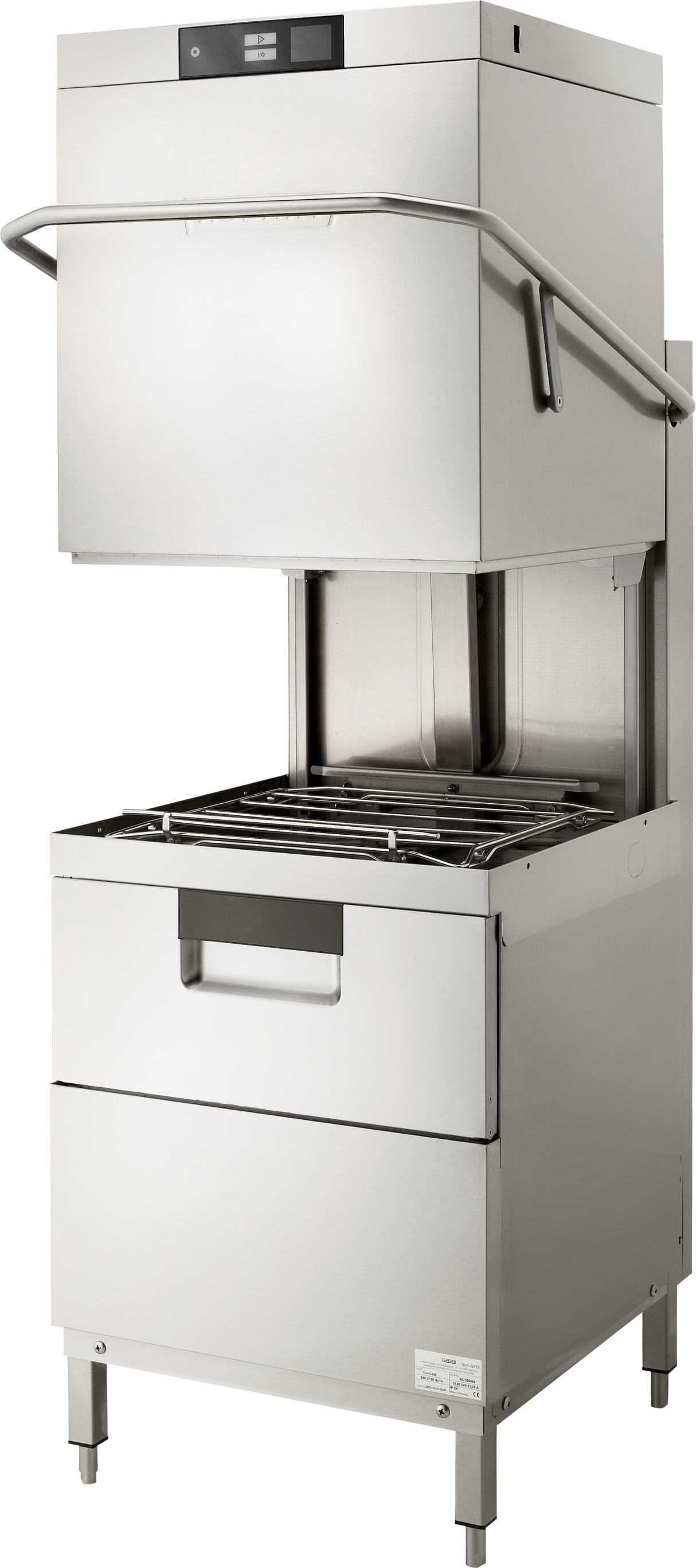 A commercial stainless steel two level dishwasher with an open top-loading door. Its sturdy handle, top control panel, and interior rack offer modern functionality, while high temp sanitizing makes it ideal for industrial kitchens.