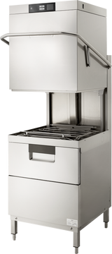 A commercial stainless steel two level dishwasher with an open top-loading door. Its sturdy handle, top control panel, and interior rack offer modern functionality, while high temp sanitizing makes it ideal for industrial kitchens.