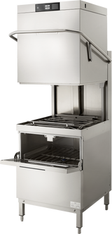 A commercial stainless steel Two Level Door Type Dishwasher with an open, hood-style top. The upper section is raised, revealing wire racks inside. With a high temp sanitizing system, it handles up to 80 racks/hr and stands on four sturdy legs.