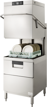 A Two Level Door Type Dishwasher with a lift-up hood is open, revealing a rack filled with clean white plates. This high temp sanitizing machine features a digital display, stands on four legs, and efficiently cleans up to 80 racks/hr.