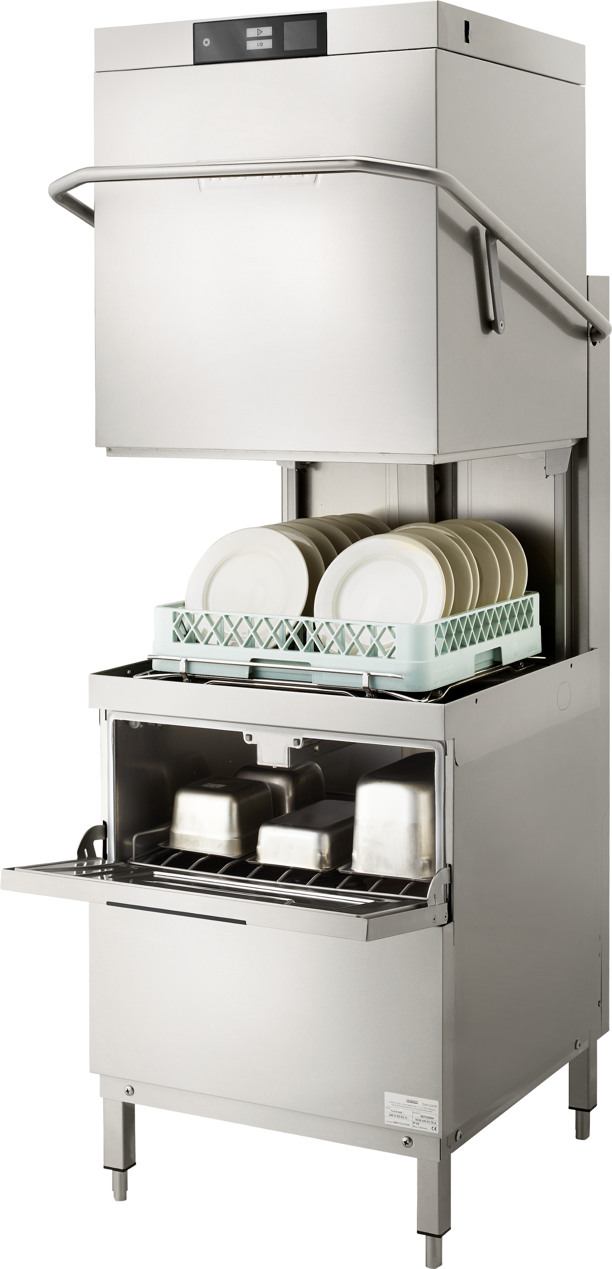 A two level dishwasher with a stainless steel exterior, door open and upper hood lifted. Inside, a green rack holds cleaned white plates upright on top, while metal pots and trays sit below. High temp sanitizing ensures spotless results every cycle.