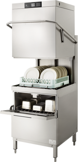 A two level dishwasher with a stainless steel exterior, door open and upper hood lifted. Inside, a green rack holds cleaned white plates upright on top, while metal pots and trays sit below. High temp sanitizing ensures spotless results every cycle.