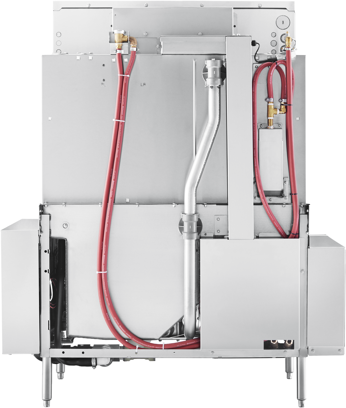 The image shows the back view of a large conveyor dishwasher. Red hoses and silver pipes cross the metallic back panel, with electrical and water connection points visible. The machine stands on short legs, featuring advanced automatic soil removal systems.