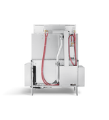A stainless steel conveyor dishwasher viewed from the back, showing exposed pipes, red hoses, and metal valves. The machine features automatic soil removal and stands on four legs, with key components visible against a plain black background.