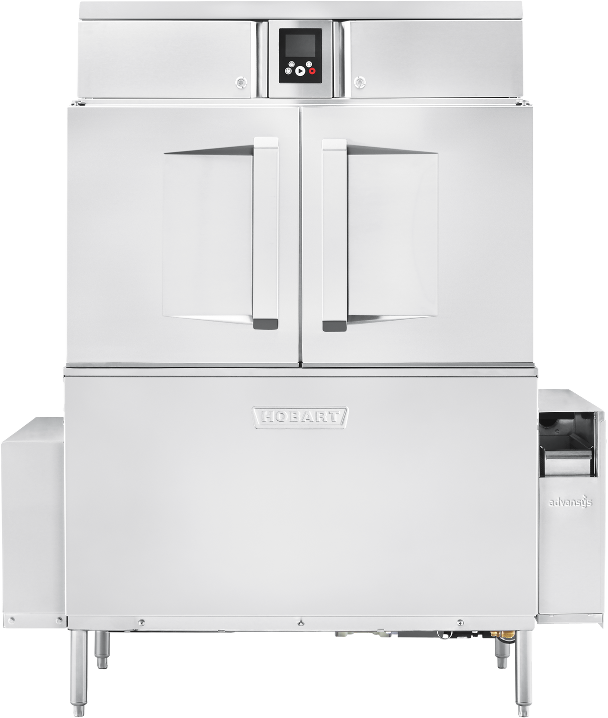 A large, industrial stainless steel Hobart conveyor dishwasher with double front doors, a digital control panel above the doors, and sturdy legs. Features automatic soil removal and a visible side compartment on the lower right; branding embossed on the front panel.