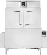 A large, industrial stainless steel Hobart conveyor dishwasher with double front doors, a digital control panel above the doors, and sturdy legs. Features automatic soil removal and a visible side compartment on the lower right; branding embossed on the front panel.