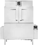 A commercial-grade Hobart conveyor dishwasher with a stainless steel exterior, two large front doors, sturdy legs, and a digital control panel. Features automatic soil removal for efficient, heavy-duty kitchen use and has a boxy, industrial design.