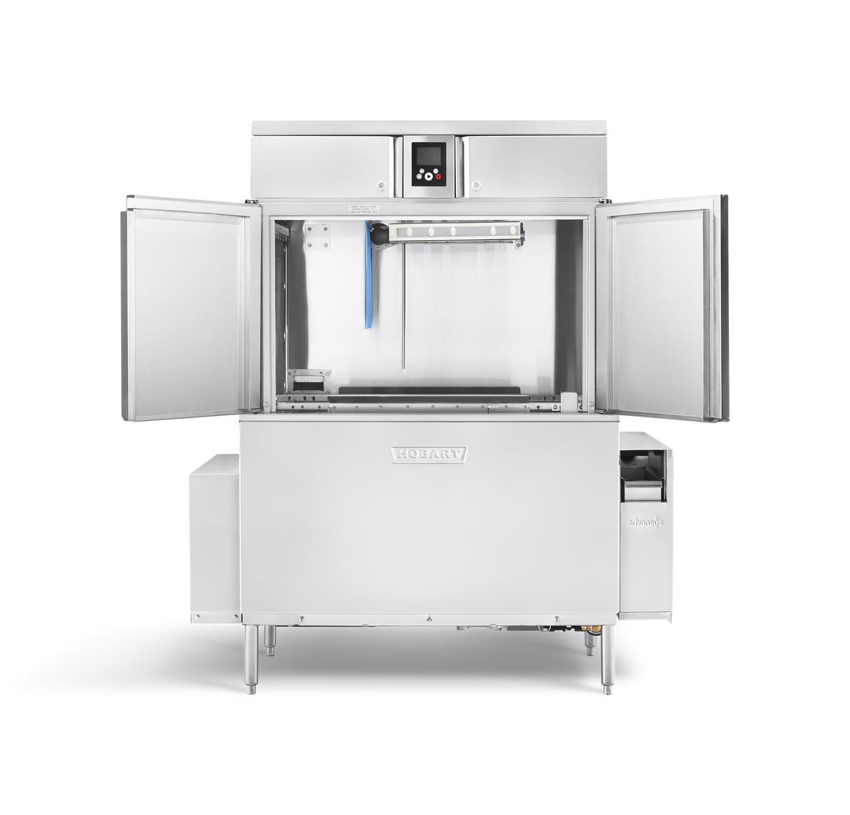 A large conveyor dishwasher with stainless steel finish is shown with both front doors open, revealing a spacious interior and spray arm inside. Featuring automatic soil removal, the control panel is on top, and a small bin is attached to the right side.