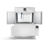 A large conveyor dishwasher with stainless steel finish is shown with both front doors open, revealing a spacious interior and spray arm inside. Featuring automatic soil removal, the control panel is on top, and a small bin is attached to the right side.