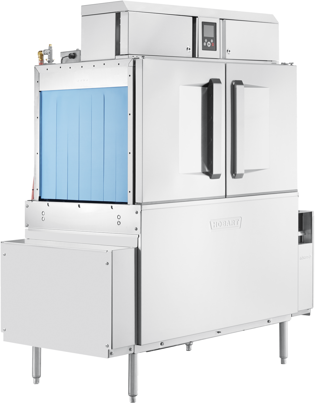 A large industrial stainless steel Hobart conveyor dishwasher with two front doors, a blue plastic curtain on the side, sturdy legs, and a control panel on top. Features like automatic soil removal make it ideal for commercial kitchen use.