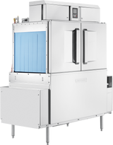 A large industrial stainless steel Hobart conveyor dishwasher with two front doors, a blue plastic curtain on the side, sturdy legs, and a control panel on top. Features like automatic soil removal make it ideal for commercial kitchen use.