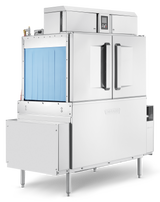 A commercial stainless steel conveyor dishwasher with two large black handles on front doors, a control panel above, and a blue plastic curtain on the left input side. Features automatic soil removal for efficient cleaning and stands on sturdy metal legs.