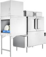 A large stainless steel conveyor dishwasher with automatic soil removal features two right-side doors and an open left compartment, revealing a blue rack of white plates. It stands on metal legs, with control buttons on the upper front section.