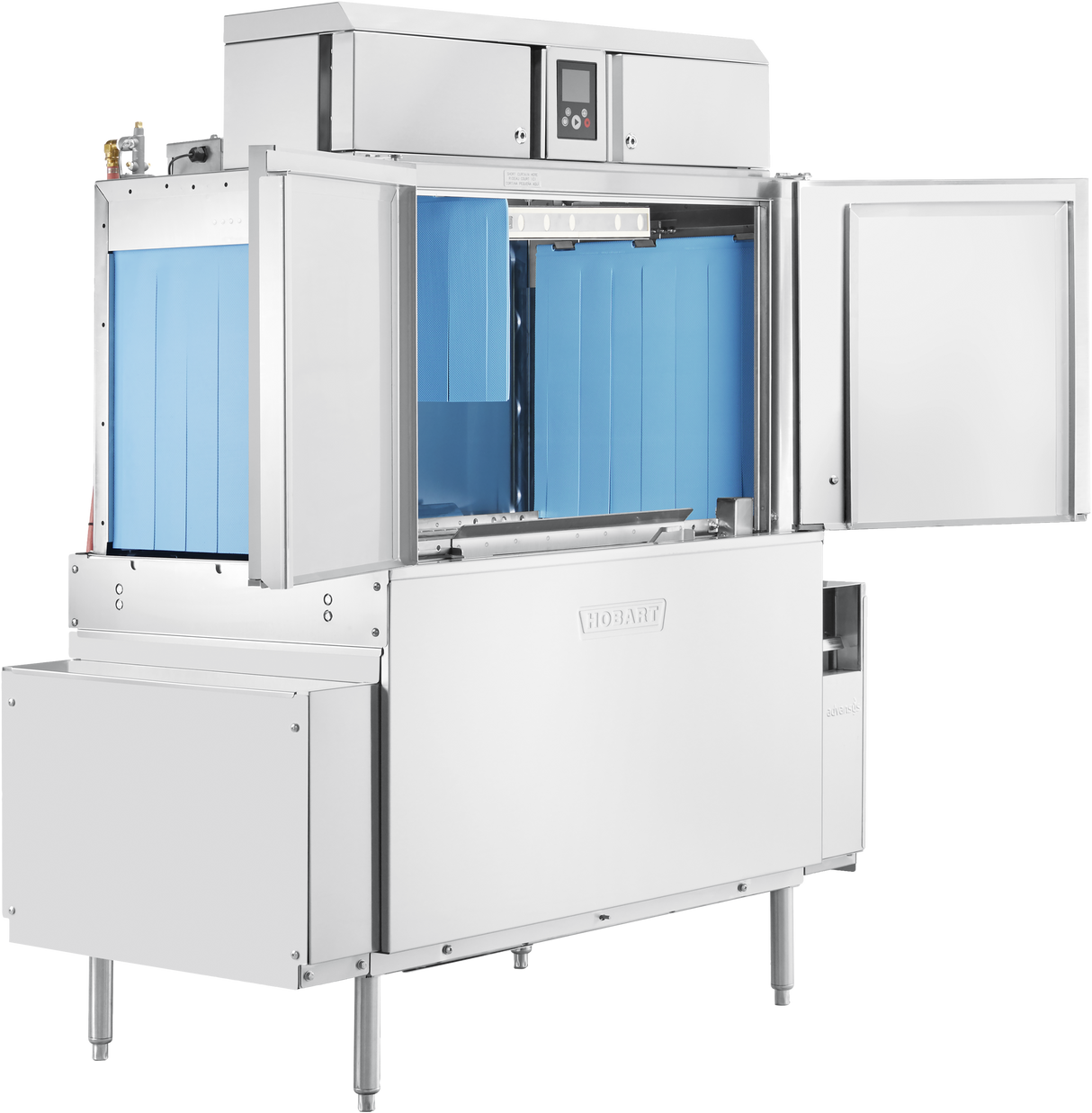 A large industrial stainless steel conveyor dishwasher with open front and side doors reveals blue interior panels and racks for dishware. Featuring automatic soil removal, the Hobart machine stands on metal legs, with a control panel at the top center.